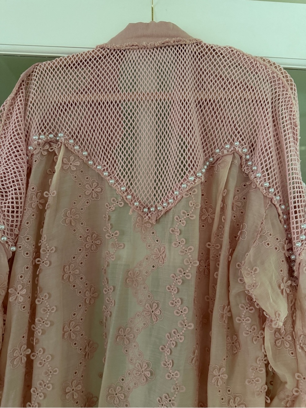POL Boho Pink Embroidered Mesh Button-Front Women's Top - Picture 6 of 7